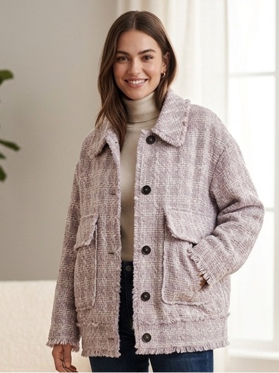 H&M Jackets & Blazers - H&M Jacket Mauve Bouclé Fringe Button Front Collared Coatigan